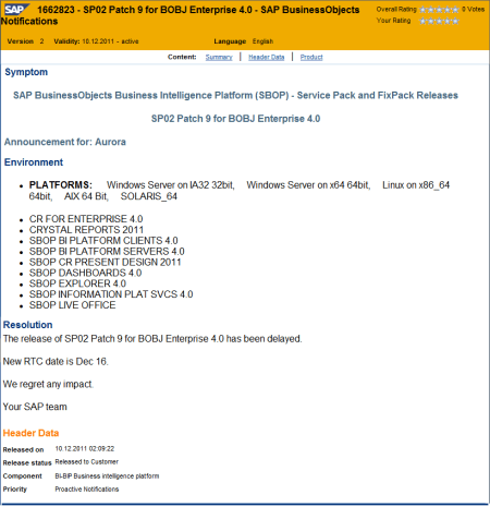 1662823 - SP02 Patch 9 for BOBJ Enterprise 4.0 - SAP BusinessObjects Notifications --- Nota Técnica que comunica que el próximo SAP BusinessObjects 4.0 SP02 Patch 9, estará disponible el 16 de diciembre