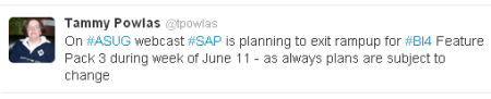 SAP BO BI 4.0 FP3 previsto para septiembre podría ser liberado en el transcurso de junio, sin confirmar. Tammy Powlas es "SAP Mentor" en SAP BI