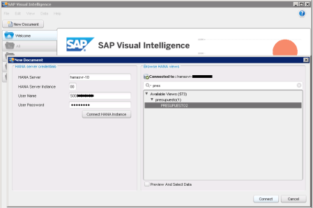 Definición de la conexión a un servidor SAP HANA y selección de la Vista de Información que se desea utilizar en el diseño de un nuevo documento SAP Visual Intelligence