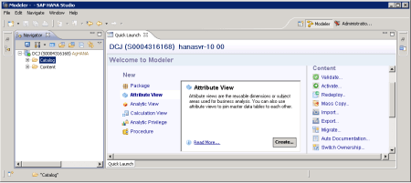 SAP HANA Studio - Perspectiva Navigator y el Quick Launch (La apariencia se personaliza vía el menú Window)