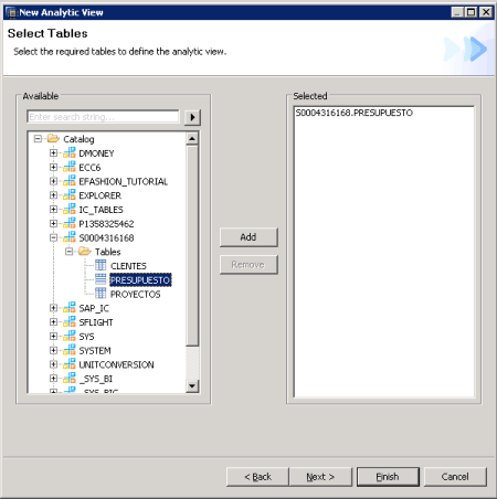 Selección de las tablas para la vista Analítica - SAP HANA Studio
