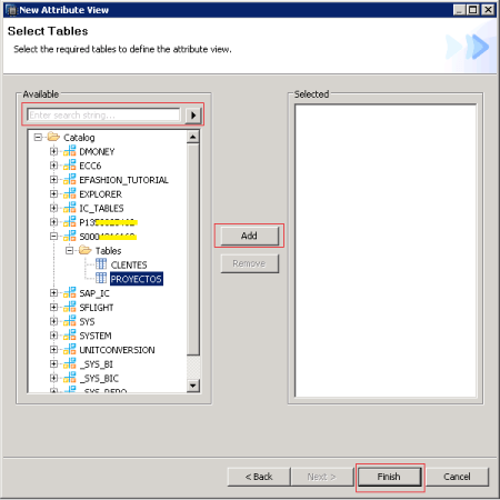 Selecciona la tablas o tablas que utilizaremos para crear nuetra vista de atributo en SAP HANA
