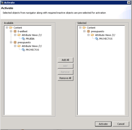 Ventana de activación de objetos
