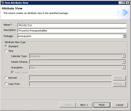 Ventana inicial de definición de un Attibute View