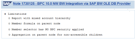 Limitaciones al utilizar otra herramienta de reporting externa a SAP BPC utilizando el conector SAP BW OLE DB (ODBO-XLMA) tal como BEx Analyzer