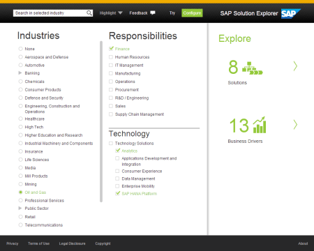 SAP Solution Explore, Especificación de los parámetros básicos; industria, área de responsabilidad y tecnología