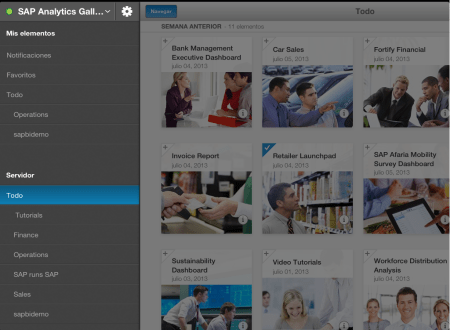 SAP BI Mobile 5.0.5, panel principal (otro modo)