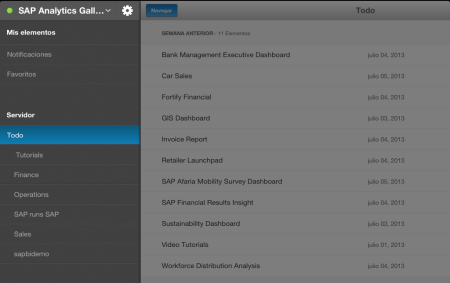 SAP BI Mobile 5.0.5, panel principal