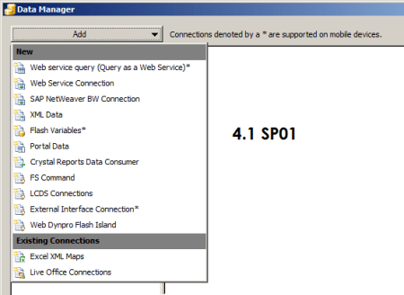 Opciones de conectividad de SAP Dashboards 4.1 vía menú Data Manager