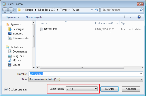 Grabar fichero de texto en formato UTF8