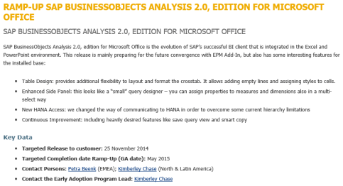 SAP Analysis 2.0 for MS Office en Ramp-up