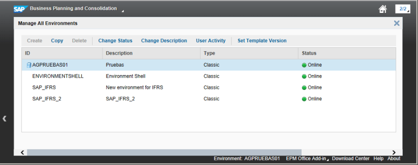 Ventana de Gestión de Environments en el nuevo BPC 10.1 SP2 (Clásico o Estándar) - Opción Create estaría habilitada en una instalación Unified o Embedded
