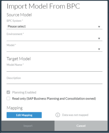 Asistente para importar modelos SAP BPC a SAP BusinessObjects Cloud