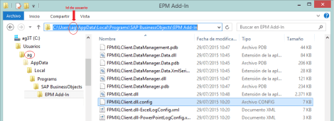 Ubicación del fichero FPMXLClient.dll.config del EPM Add-In